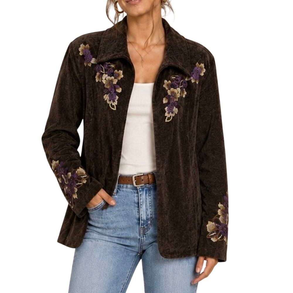 Coldwater Creek Brown Corduroy Jacket W18 Floral Embroidered Beaded Boho Western